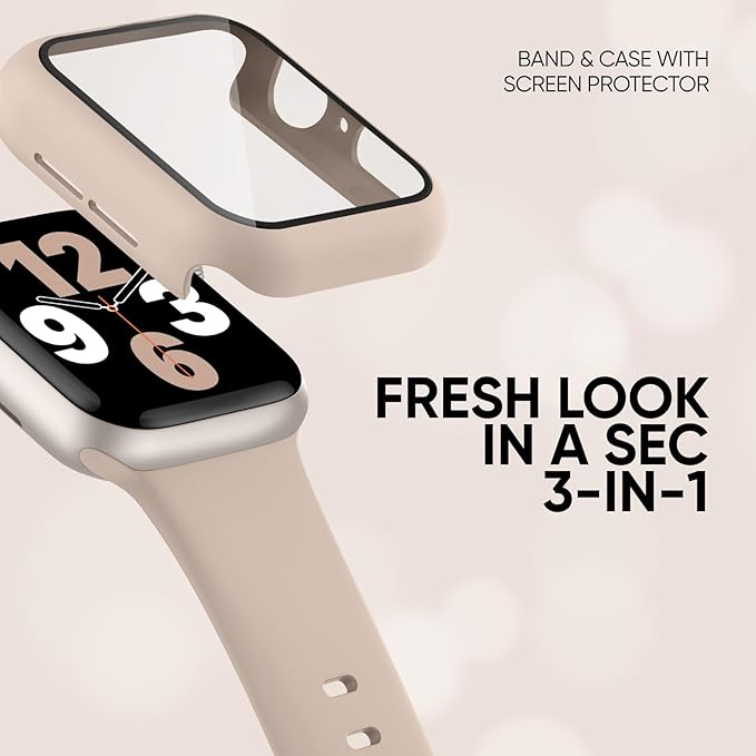 Compatible for Apple Watch Band 44mm 45mm and Case with Screen Protector, Soft Silicone Sport Strap