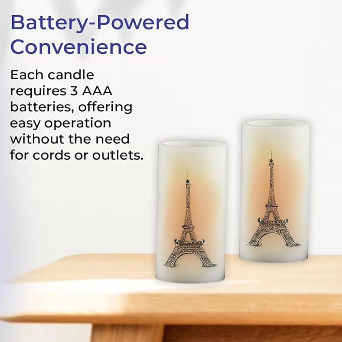 SAGEFINDS Eiffel Tower LED Candles, Set of 2, Flameless Real Wax Pillar Candles, Battery Operated