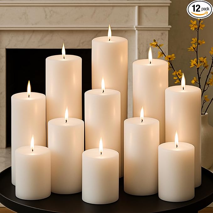 White Pillar Candles Set, 12 Packs, 2.8 in x 4, 6, 8 Inch Assorted Size Unscented Pillar Candles