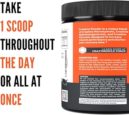 Crazy Muscle Creatine Monohydrate Powder, 5000mg Premium 3X ThreeAtine Pre Workout Mass Gainer