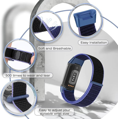 Sport Loop Nylon Watch Bands Compatible with Fitbit Charge 6/5, Adjustable Breathable Replacement