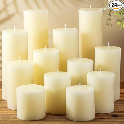 Shihanee 24 Pcs Pillar Candles 3 in x 3,4,5,6,8,10 Dripless Unscented Smokeless Candle Long Burning