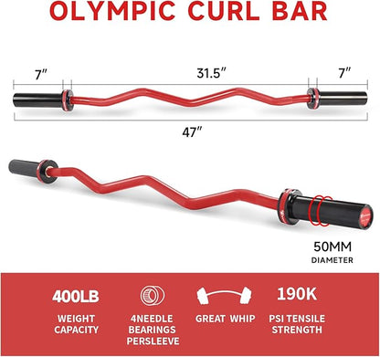 Olympic EZ Curl Barbell Bar, 400LBS Weight Capacity Olympic Curl Bar, 4ft Barbell Weight Bar with