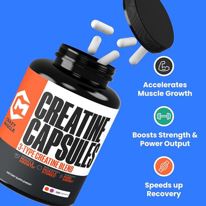Creatine Capsules, 5g Premium 3X ThreeAtine Pre Workout Bulk Muscle Mass Gainer, High Absorption