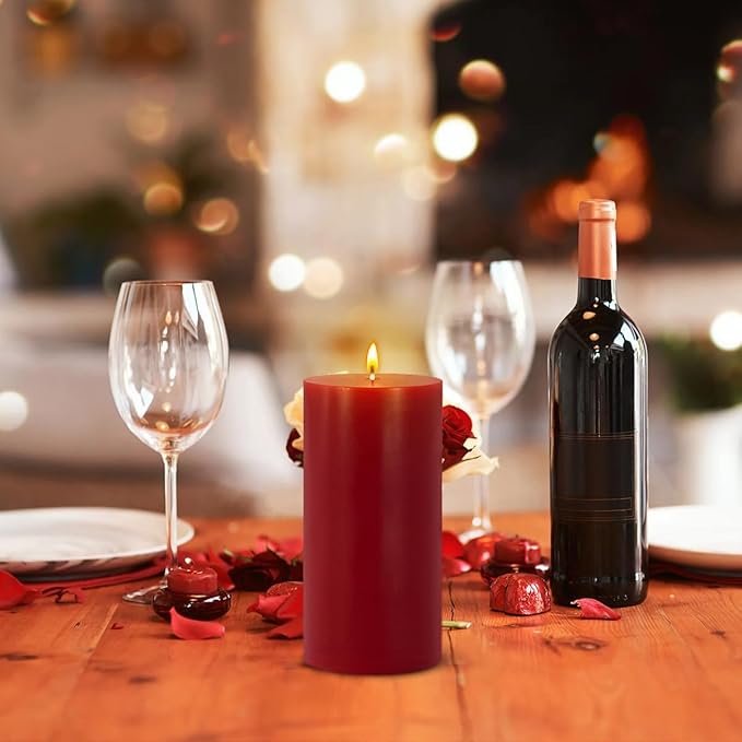 Set of 3 Different Size Red Burgundy Pillar Candles, Unscented Dripless 2.75x3, 2.75x4, 2.75x6 Inch