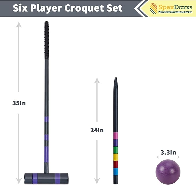 Six Player Deluxe Croquet Set, 35'' Croquette Game with Premium Wooden Mallets/Colored