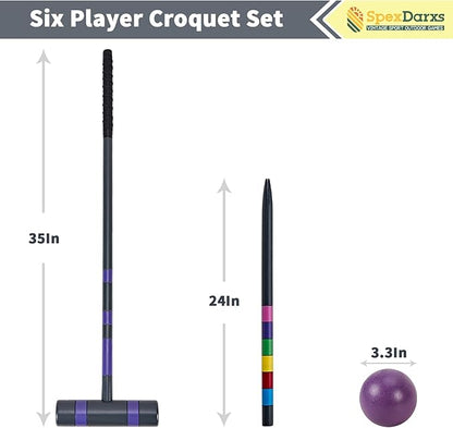 Six Player Deluxe Croquet Set, 35'' Croquette Game with Premium Wooden Mallets/Colored