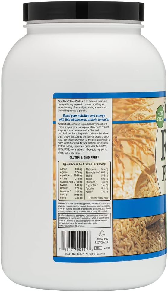 NutriBiotic Plain Rice Protein, 3 Lb (1.36kg) | Low Carb, Vegan & Raw Protein Powder | Grown and