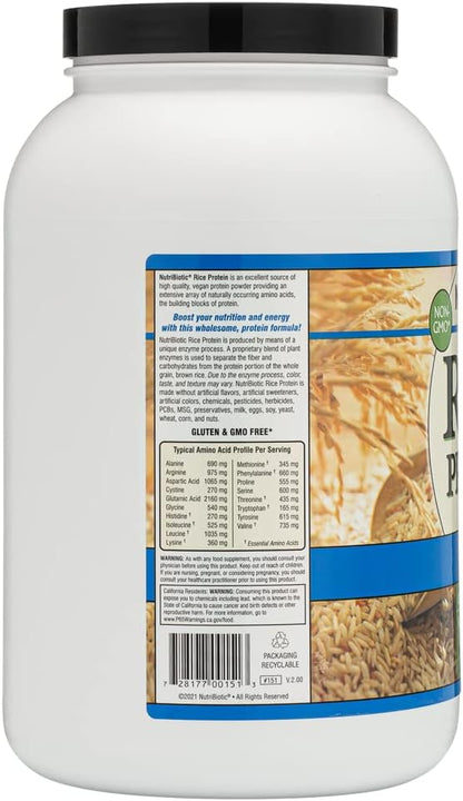 NutriBiotic Plain Rice Protein, 3 Lb (1.36kg) | Low Carb, Vegan & Raw Protein Powder | Grown and