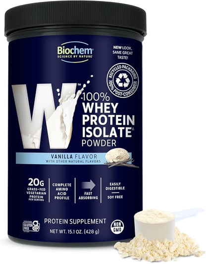 Biochem 100% Whey Isolate Protein - Vanilla Flavor - 15.1 Ounce - Supports Immune Health - Easily