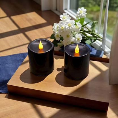 Black Flameless LED Candles 3 inch Diameter Real Wax 2AA Battery Operated 600hr+ Flickering Candles