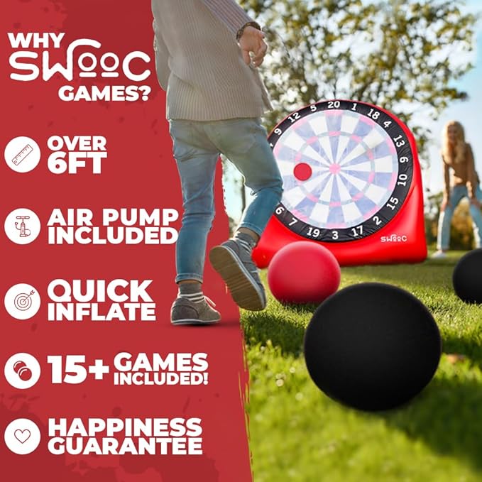 SWOOC Games - Inflatable Giant Kick Darts (15+ Ways to Play) - Jumbo Soccer Dartboard w/Air Pump
