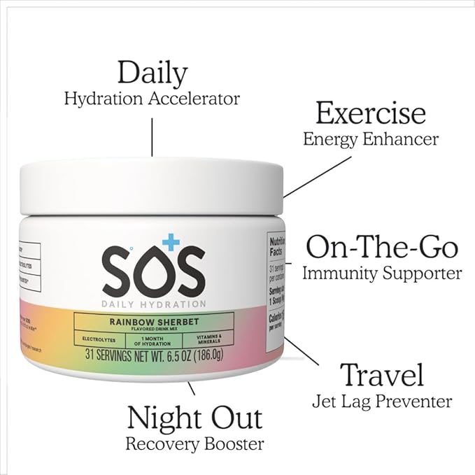 SOS Hydration Electrolyte Drink Mix (31 Servings) – Low Sugar, 15 Calorie, Keto-Friendly & Rapid