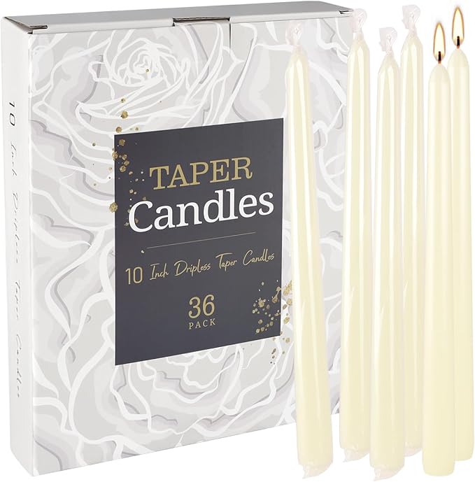 36 Pack Ivory White Taper Candles, 7-8 Hours Burn Time, Unscented, Smokeless and Dripless, 0.8 x 10