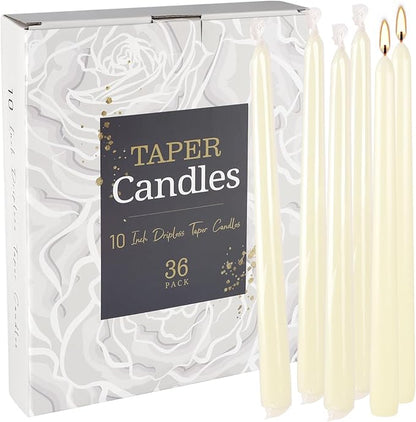 36 Pack Ivory White Taper Candles, 7-8 Hours Burn Time, Unscented, Smokeless and Dripless, 0.8 x 10