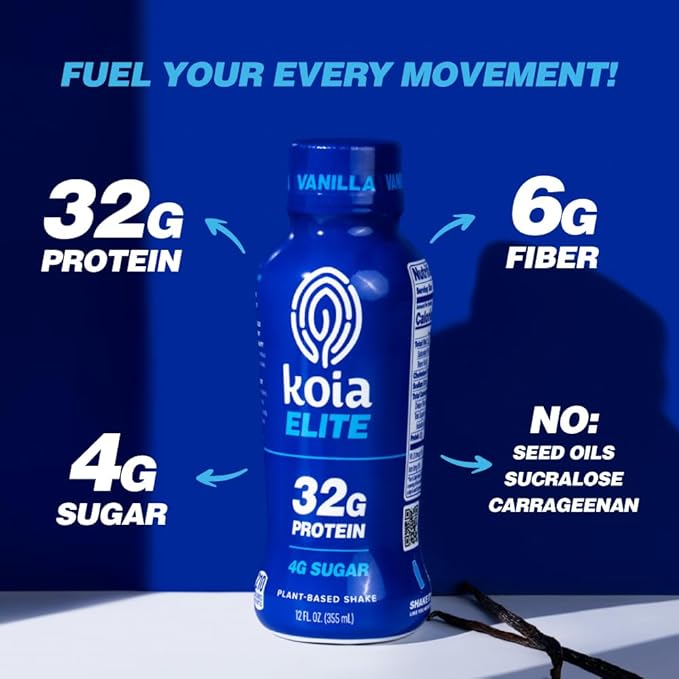 Koia Elite Plant Based Protein Shake, Vanilla, 32g Protein, 4g Sugar, 6g Prebiotic Fiber, Pre &