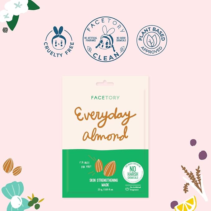 FACETORY K Beauty Face Mask Skin Care - Everyday ALMOND Skin Strengthening Sheet Mask | Plant-Based
