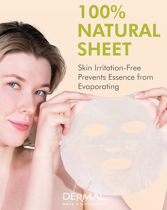 DERMAL Bamboo Collagen Essence Facial Mask Sheet 23g Pack of 10 - Hydrating & Calming, For Dewy and