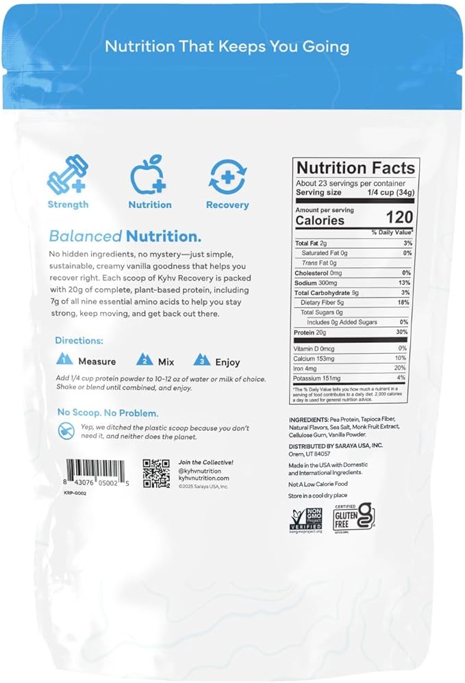 Recovery Plant Based Protein Powder, Vanilla Flavor - 20g Complete Vegan Protein, 0g Sugar, 120