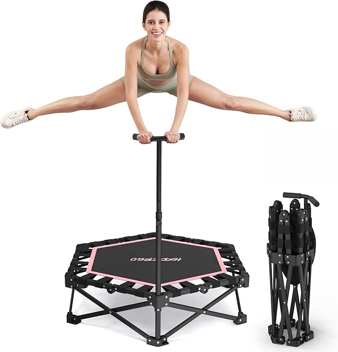 Foldable Mini Trampoline, Rebounder Trampoline with Adjustable Foam Handle, Fitness Trampoline for