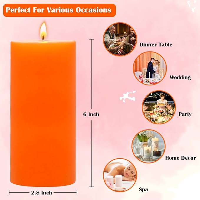 3 Packs 2.8x6 Inch Orange Pillar Candles, Unscented Dripless Non-Toxic Smokeless Long Lasting Fall