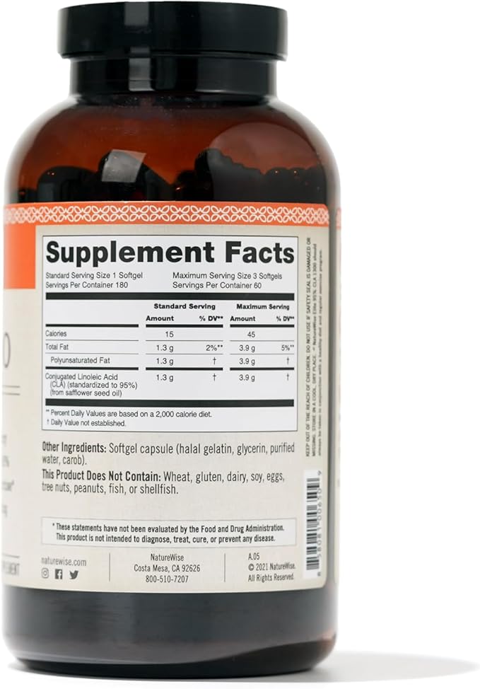 NatureWise CLA 1300 - 95% Active Conjugated Linoleic Acid for Women and Men, Not Stimulating