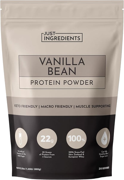 JUST INGREDIENTS Vanilla Bean Protein Powder ??20-Serving Blend with 100% Grass-Fed Whey & Organic