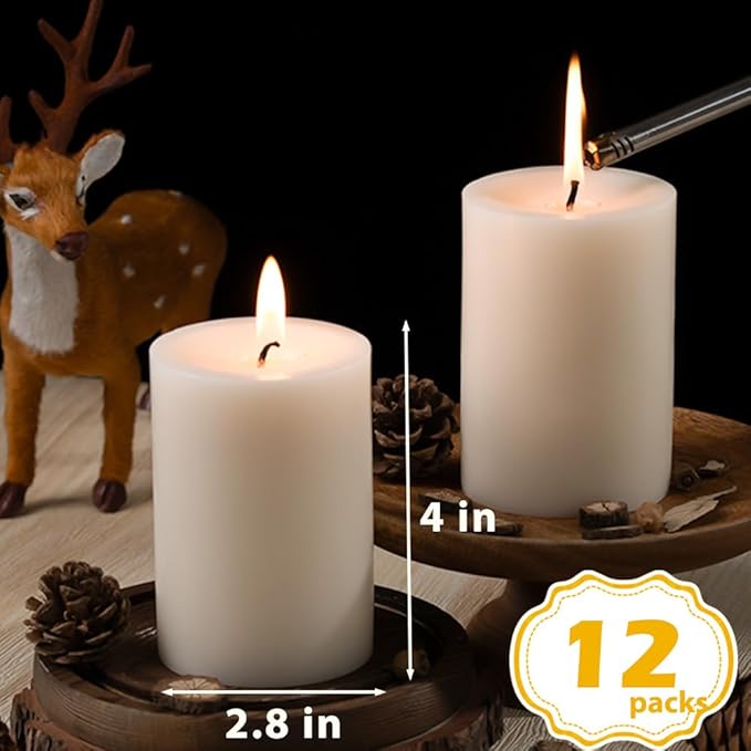 Ivory Pillar Candles ??2.8x4 Unscented Candle Set of 12 ??Dripless, Smokeless, and Clean Burning
