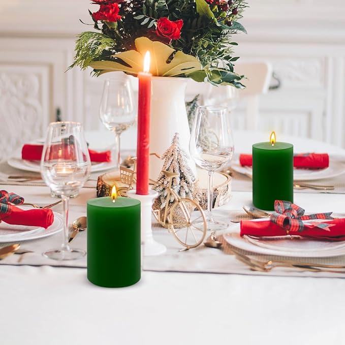 6 Packs 2.75x4 Inch Green Pillar Candles, Unscented Dripless Cylinder Wax Colored Candles for Home