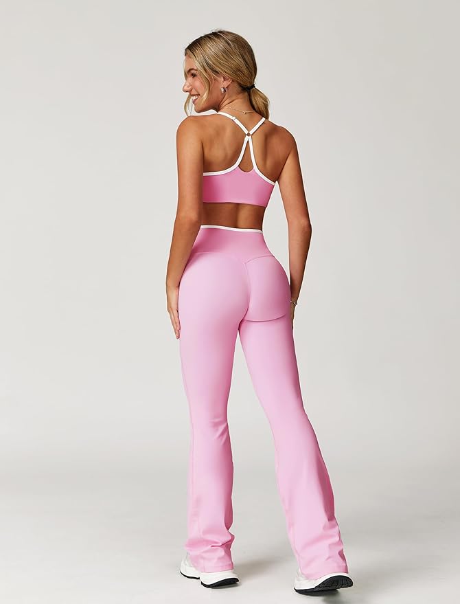 ABOCIW Workout Sets for Women 2 Piece Color Block Strappy Sports Bra High Waist Leggings Gym Yoga