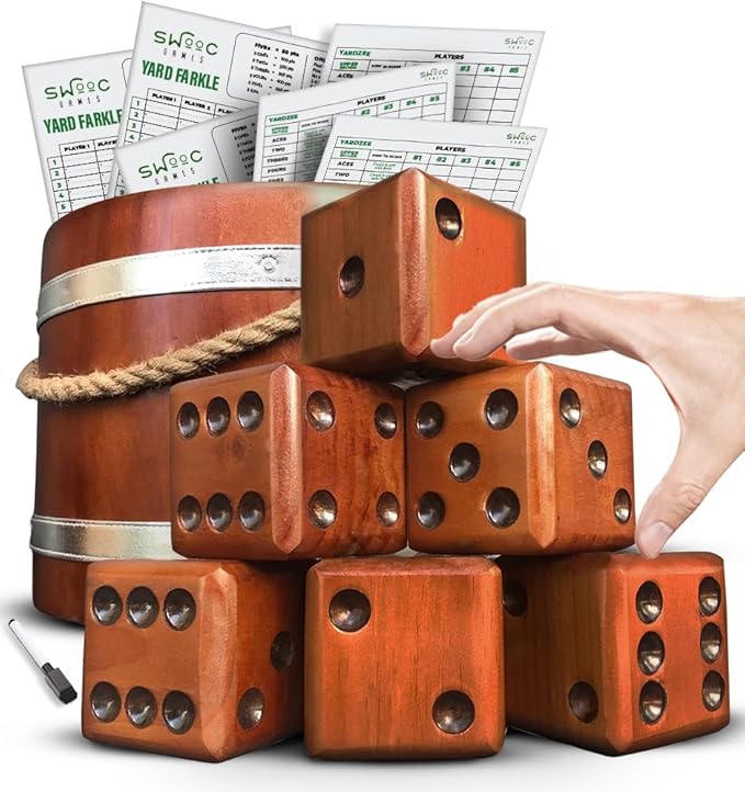 SWOOC Games - Yardzee, Farkle & 20+ Giant Dice Games (All Weather) with Wood Bucket, 5 Scorecards &