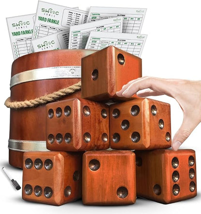 SWOOC Games - Yardzee, Farkle & 20+ Giant Dice Games (All Weather) with Wood Bucket, 5 Scorecards &