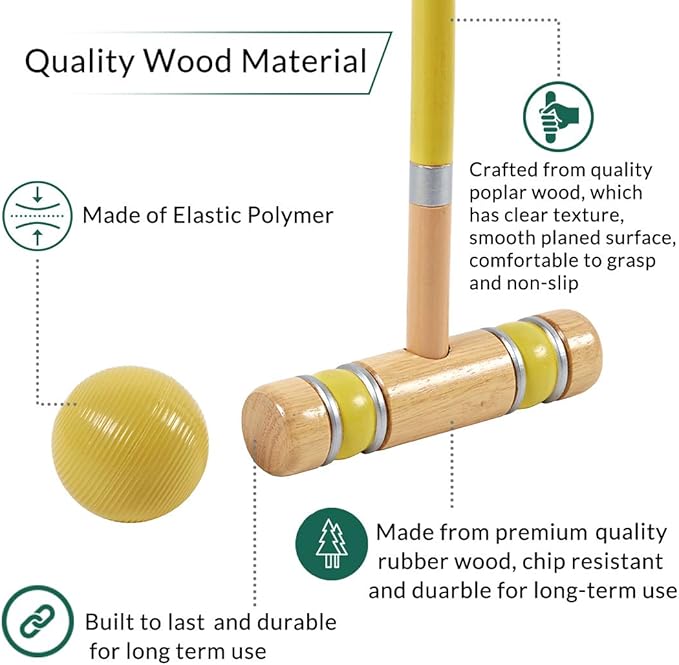 ApudArmis Six Player Croquet Set with Premiun Rubber Wooden Mallets 28In,Colored