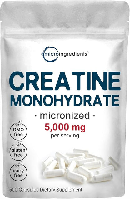 Creatine Monohydrate 5,000mg, 500 Capsules | Pure Creatine Pills – Micronized + Unflavored Powder
