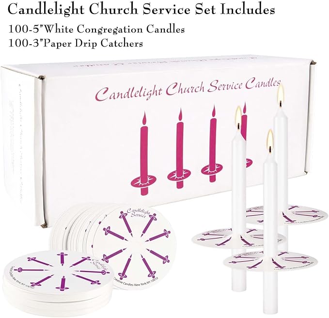 100 pcs Church Candles with Drip Protectors for Devotional Candlelight Vigil Service, Unscented