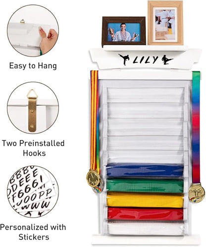 Tilhumt 12/10 Belts Karate Belt Display Rack with Stickers, Taekwondo Belt Display with
