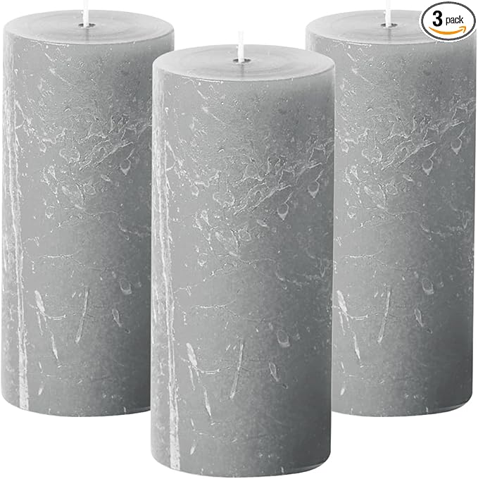 Simply Soson Grey Rustic Texture Pillar Candles 3x6 inch - Set of 3 - Unscented Decorative Grey