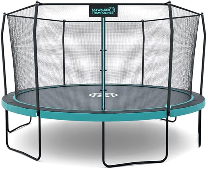 SKYWALKER TRAMPOLINES 12 FT 15 FT Round Trampoline with Safety Enclosure Net, 9 x 15 FT Rectangle