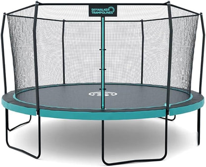 SKYWALKER TRAMPOLINES 12 FT 15 FT Round Trampoline with Safety Enclosure Net, 9 x 15 FT Rectangle