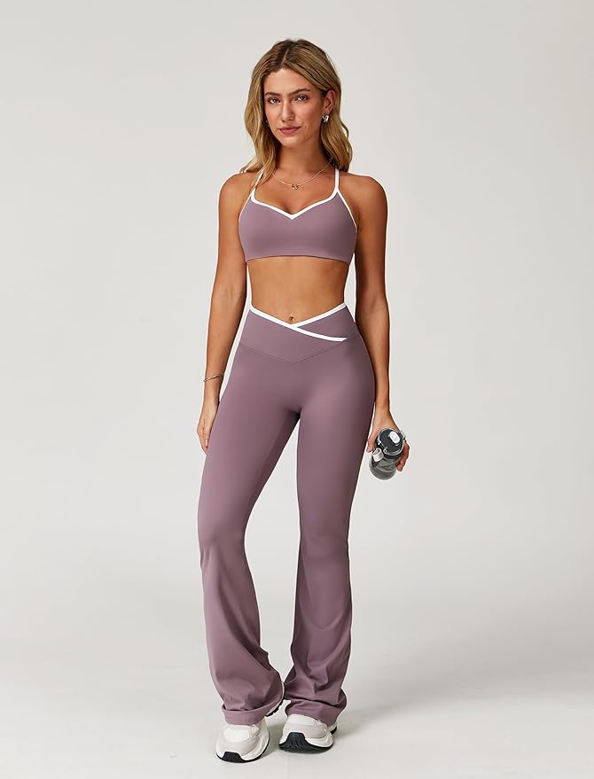 ABOCIW Workout Sets for Women 2 Piece Color Block Strappy Sports Bra High Waist Leggings Gym Yoga
