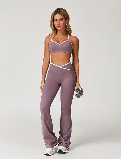 ABOCIW Workout Sets for Women 2 Piece Color Block Strappy Sports Bra High Waist Leggings Gym Yoga