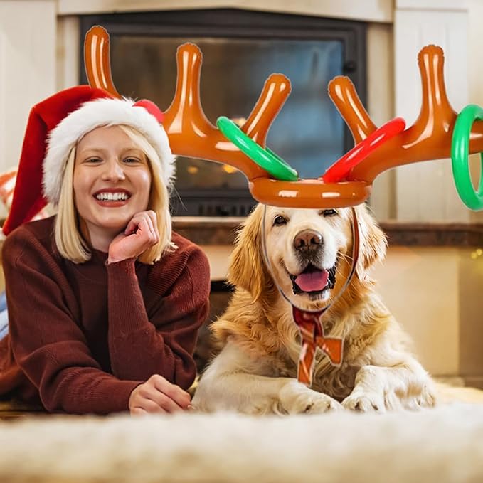 4 Pack Inflatable Reindeer Antler Ring Toss Game (4 Antlers 16 Rings) Reindeer Antler Hat Ring Toss