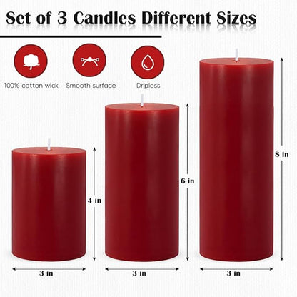 3 Packs Different Sizes Red Colored Pillar Candles, Unscented Non-Toxic 3x4, 3x6, 3x8 Inch Dripless