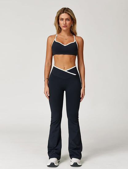 ABOCIW Workout Sets for Women 2 Piece Color Block Strappy Sports Bra High Waist Leggings Gym Yoga