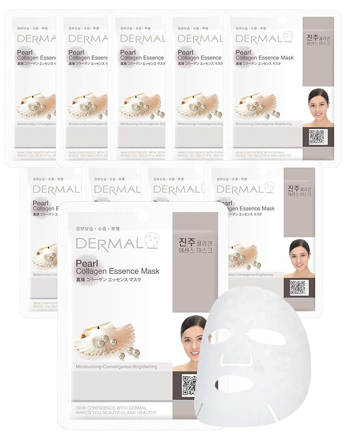 DERMAL Pearl Collagen Essence Facial Mask Sheet 23g Pack of 10 - Clarify Skin, Skin Smooth, Daily