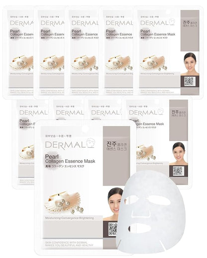 DERMAL Pearl Collagen Essence Facial Mask Sheet 23g Pack of 10 - Clarify Skin, Skin Smooth, Daily