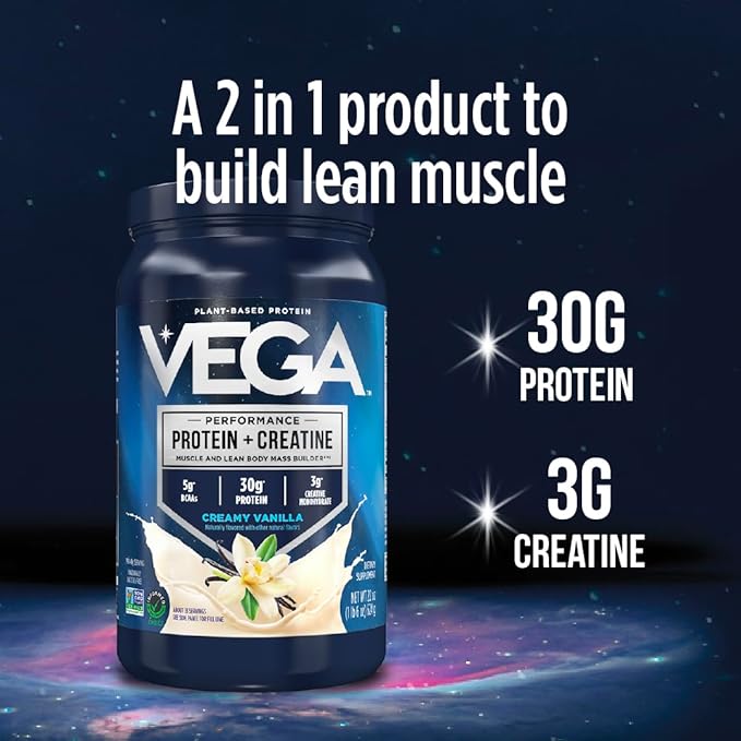 Vega Protein + Creatine - 30g Plant-Based Protein, Vanilla, 13 Servings, 3g Creatine, 5g BCAAs