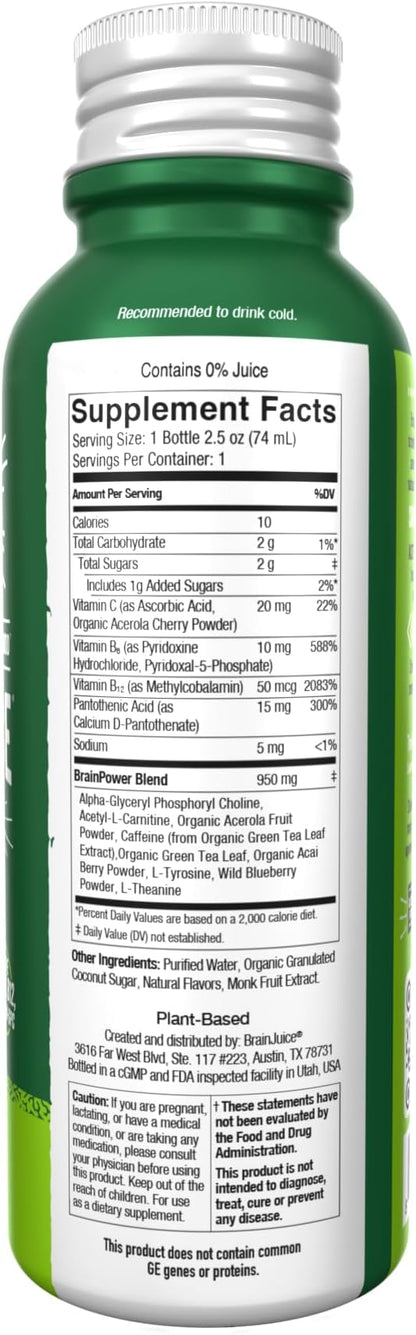 BrainJuice Focus & Energy Drink Shots, Nootropics with Alpha GPC, B Vitamins & Organic Green Tea