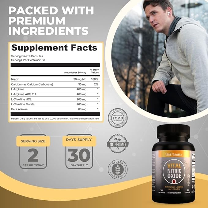 Vital Nitric Oxide Supplements for Men - Workout Booster Supplement for Men - Nitrous Oxide Boost