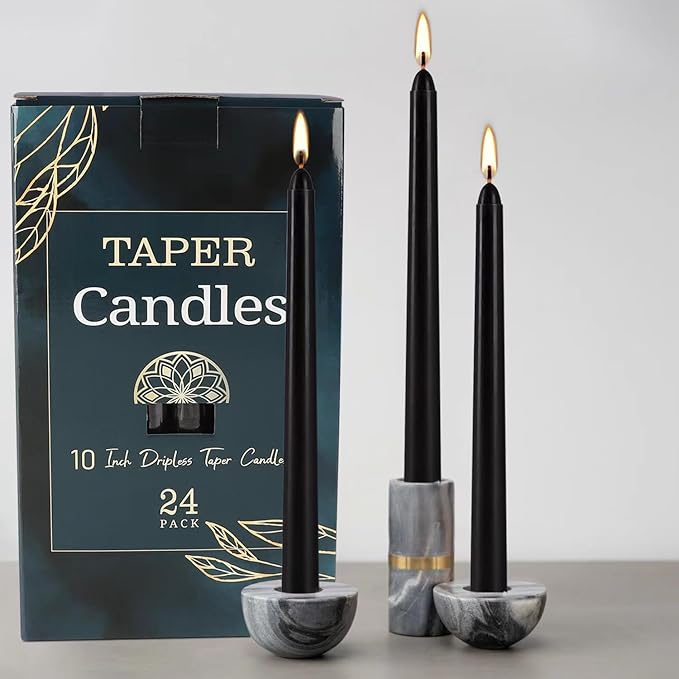 24 Pack Black Taper Candles, 7-8 Hours Burn Time, Unscented, Smokeless and Dripless, 0.75 x 10 Inch
